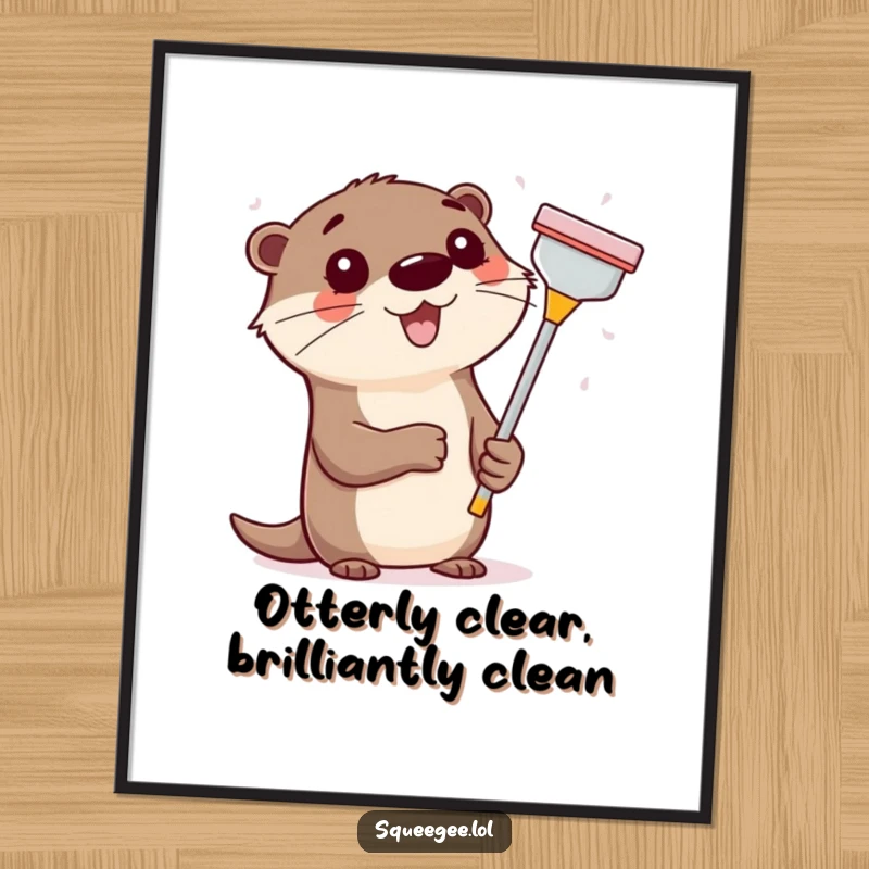 Funny Free Printable Wall Art: A happy otter enthusiastically wiping a window with a squeegee, a cheerful 'Print at Home' piece.