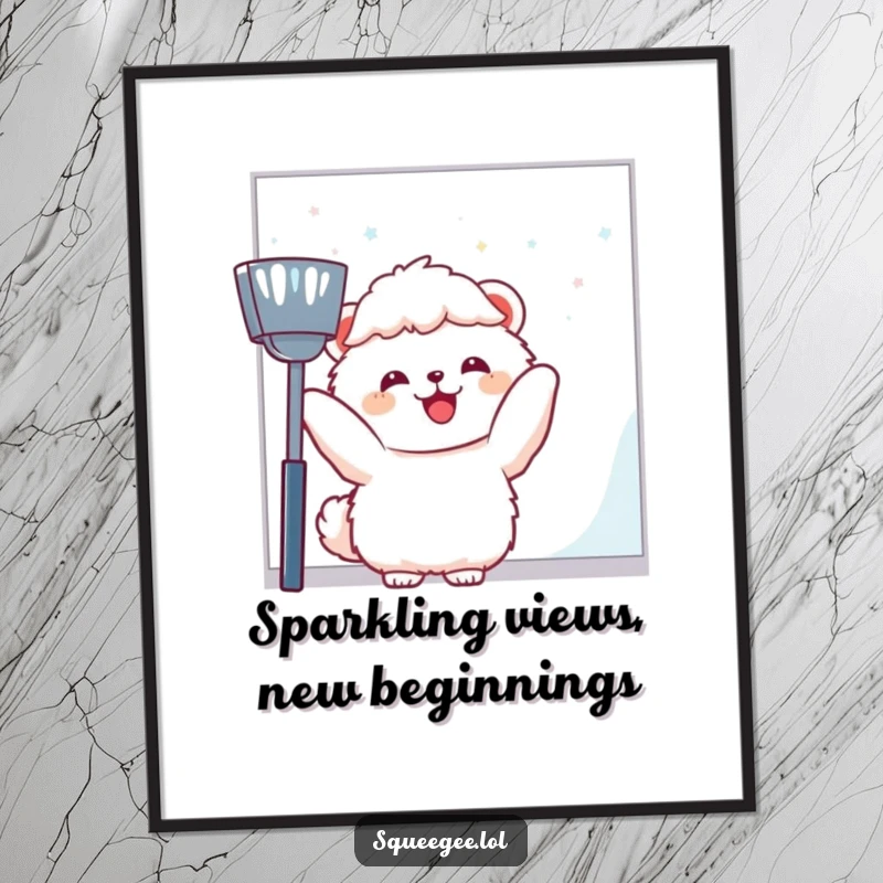 Funny Free Printable Wall Art: A fluffy animal joyfully wiping a huge window pane, spreading cleaning cheer.