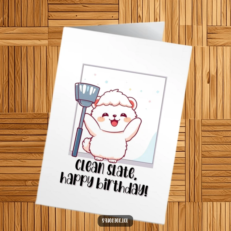 Funny Free Printable Birthday Card: Fluffy animal gleefully cleaning window, spreading cheer for a special occasion.