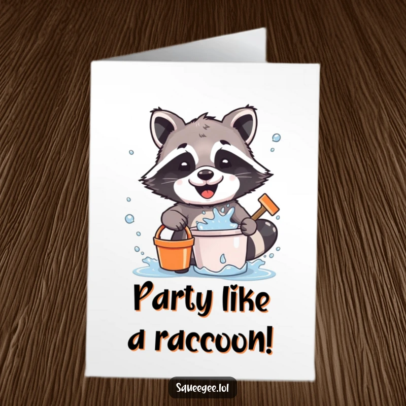 Funny Free Printable Birthday Card: Joyful raccoon with bucket and squeegee, splattering water for a happy birthday.
