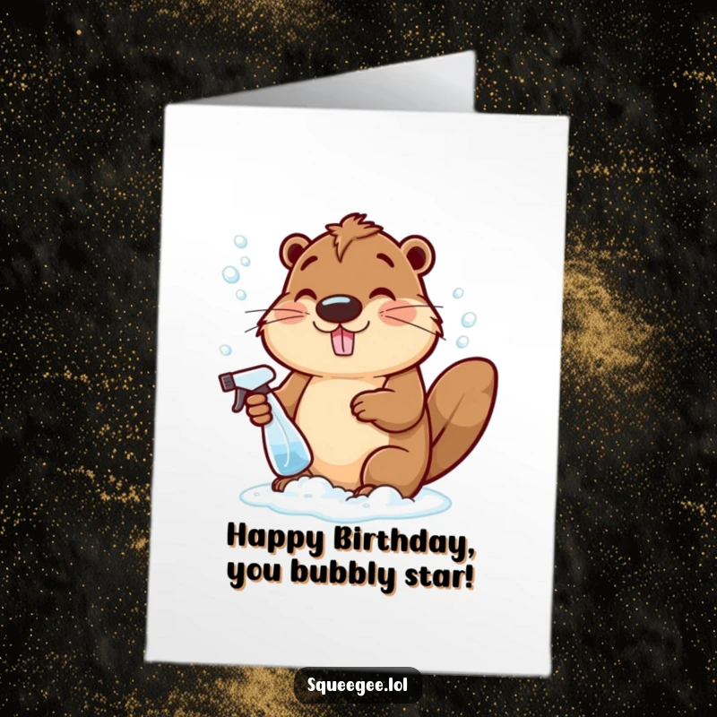 Funny Free Printable Birthday Card: Cheerful beaver making bubbly suds with a spray bottle, 'Print at Home' wishes.