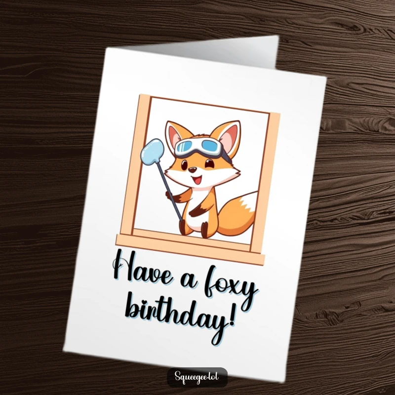 Funny Free Printable Birthday Card: Fox in goggles cleaning window with effort, wishing a spectacular day.
