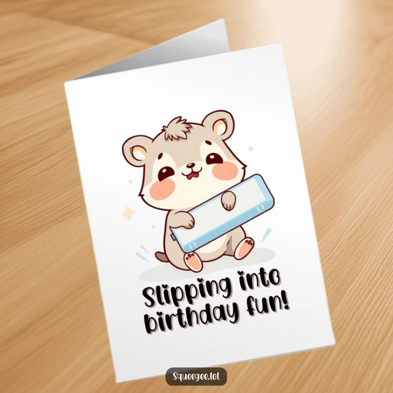 Funny Free Printable Birthday Card: Animal comically slipping while holding a squeegee, a humorous birthday wish.