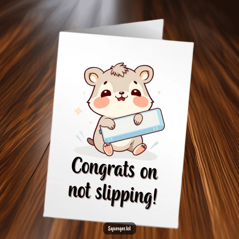 Funny Free Printable Congrats Card: Animal comically slipping with a squeegee, capturing a moment of oops.
