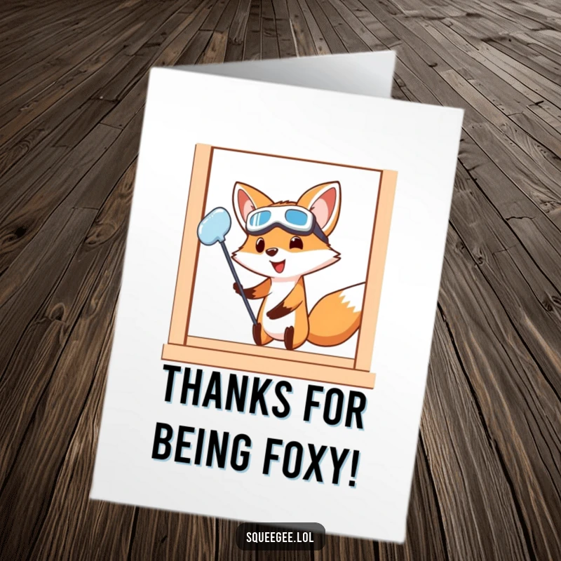 Funny Free Printable Thank You Card: Fox with goggles works hard cleaning window, a truly appreciated effort.
