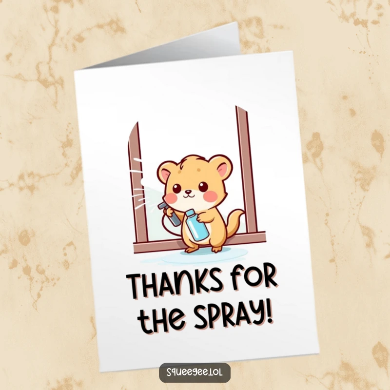 Funny Free Printable Thank You Card: Small animal happily spraying cleaning liquid onto a window, a thankful gesture.
