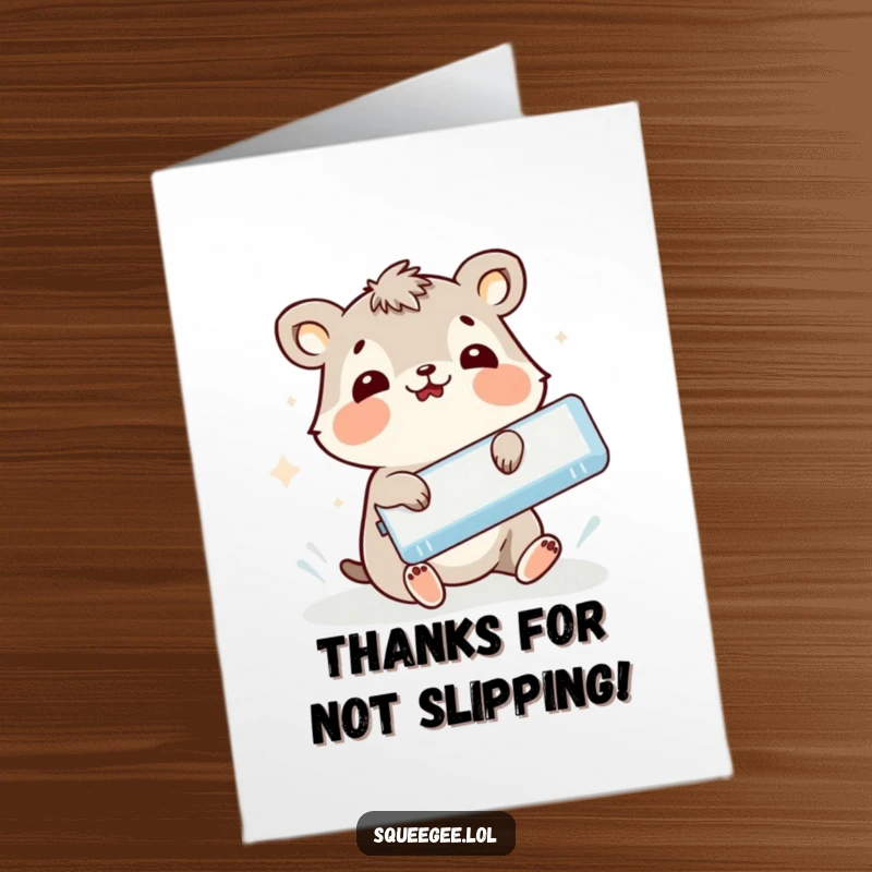 Funny Free Printable Thank You Card: Animal comically slipping while holding a squeegee, a thankful oops.