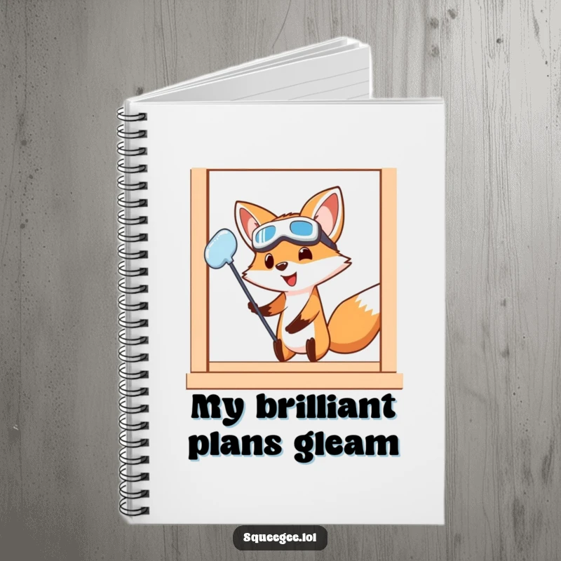 Funny Fox Notebook: A cartoon fox wearing goggles cleans a window with intense focus, perfect for jotting down meticulous plans or cleaning schedules.