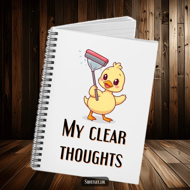 Funny notebook featuring a happy duck wiping a sparkling window with a squeegee, ideal for jotting down ideas with sparkling humor.