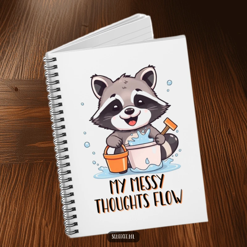 Funny Raccoon Notebook: A cartoon raccoon joyfully splatters water while cleaning, perfect for jotting down messy ideas or fun plans.