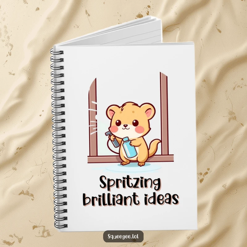 Funny small animal happily spraying cleaning liquid onto a window, notebook for a funny gift.