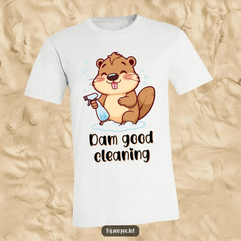 Funny cheerful beaver with a spray bottle, making abundant bubbly suds, a vibrant and humorous animal graphic tee.