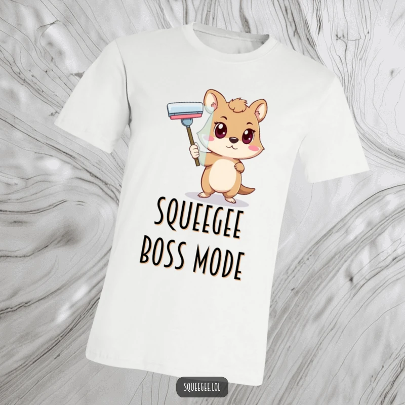 Funny animal with a determined look pushing a squeegee across glass on a t-shirt, showing dedication.