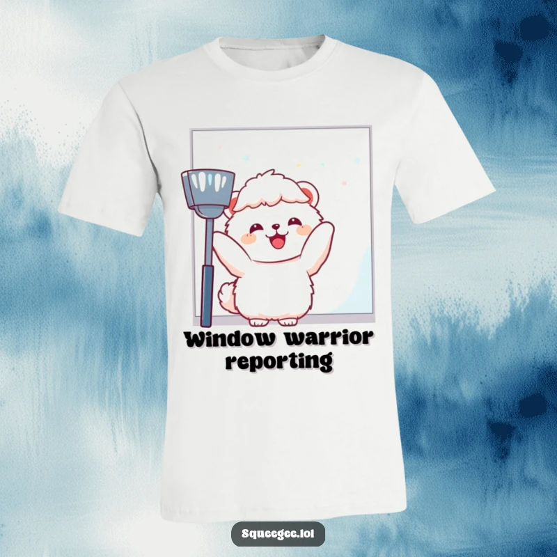 Funny fluffy animal joyfully wiping a large window pane on a comfortable t-shirt, great for humor lovers.