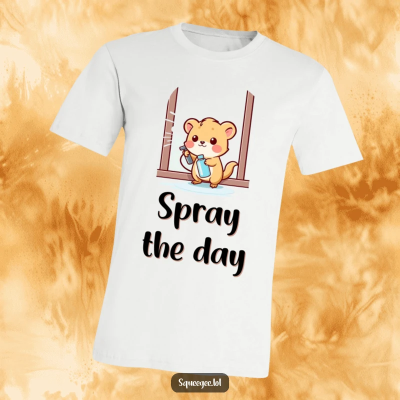 Funny small animal happily spraying cleaning liquid onto a window on a t-shirt, conveying cleaning joy.