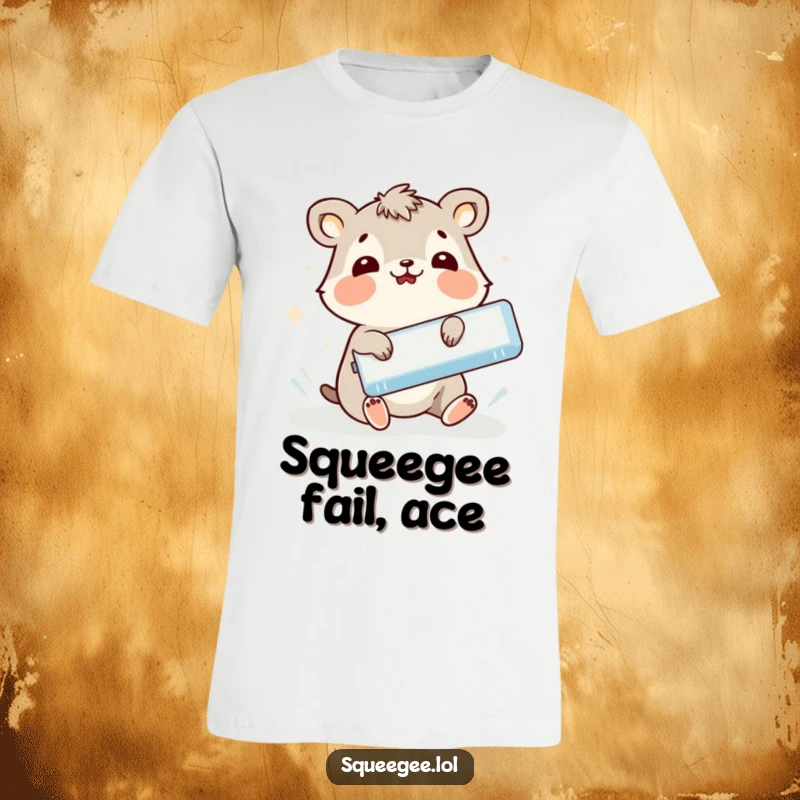 Funny animal comically slipping while holding a squeegee on a t-shirt, capturing a cleaning blunder humorously.