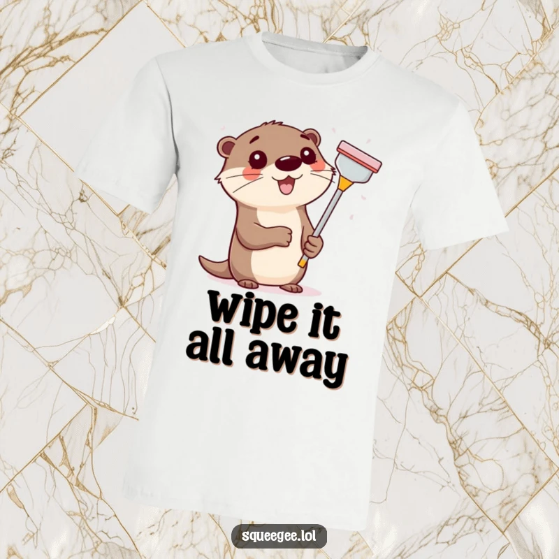 Funny happy otter wielding a squeegee, enthusiastically cleaning a window, a vibrant and humorous animal graphic tee.
