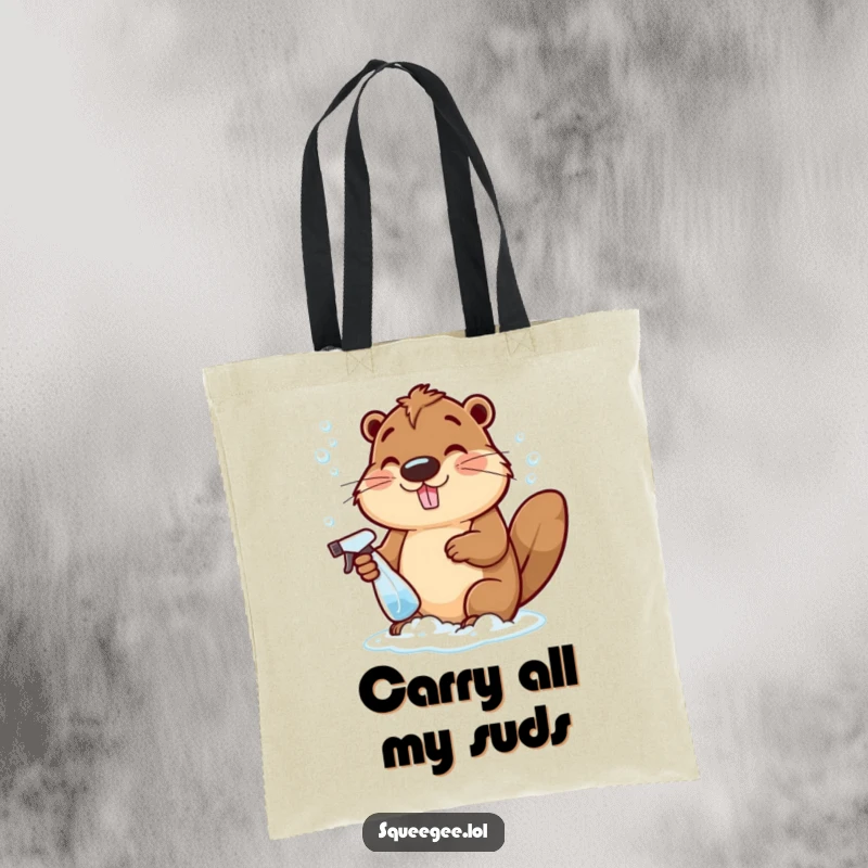 Funny cheerful beaver with a spray bottle, making bubbly suds, a humorous and durable tote bag.