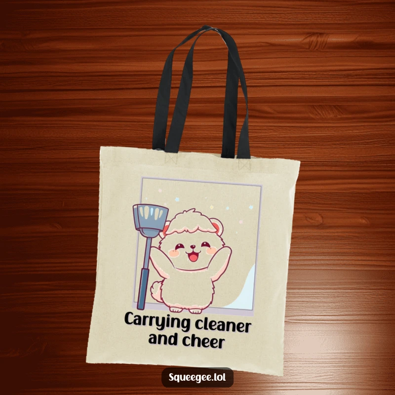 Funny fluffy animal joyfully wiping a large window pane, durable tote bag for a funny gift.