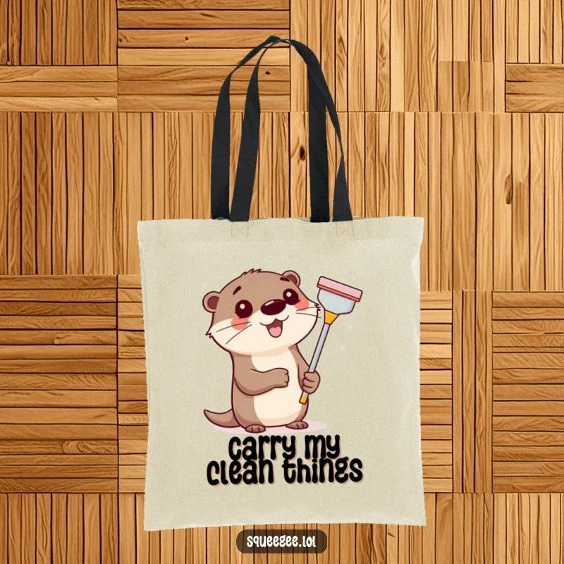 Funny happy otter holding a squeegee, cleaning a window, a humorous and durable tote bag.