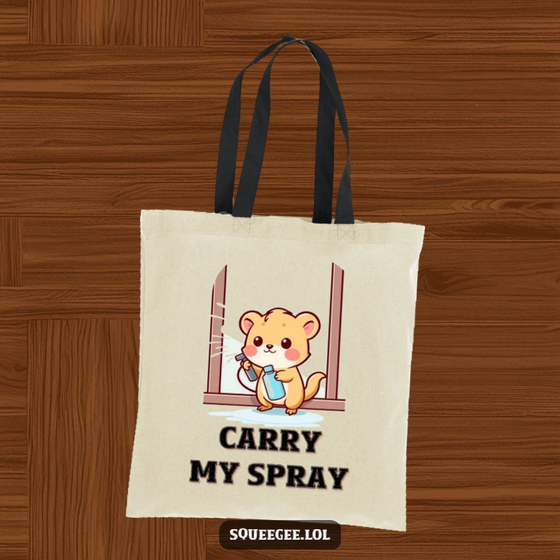 Funny small animal happily spraying cleaning liquid onto a window, a funny tote bag for cleaning enthusiasm.