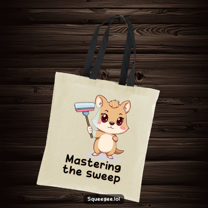 Funny animal with a determined look pushing a squeegee across glass, a funny tote bag for determined individuals.